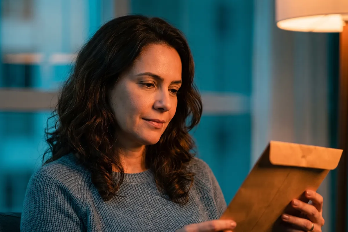 Mulher lendo o resultado de um exame em casa