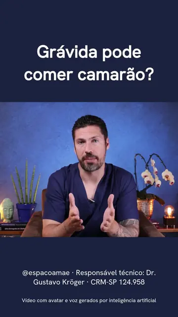 Capa do vídeo: médico em avatar gerado por inteligência artificial, com o título Grávida pode comer camarão?